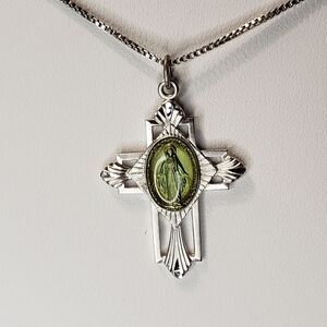 Miraculous Medal Cross Mother Mary pendant on silver chain 925